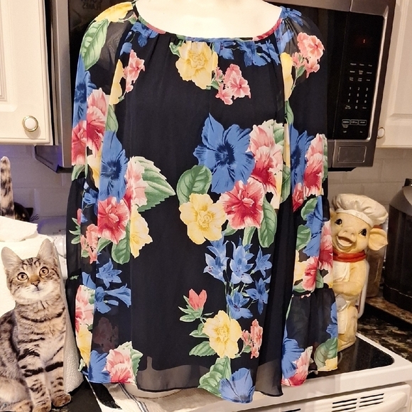 JM Collection Tops - JM Collection Lined  Floral Blouse  Sheer Long Sleeve Blouse XL